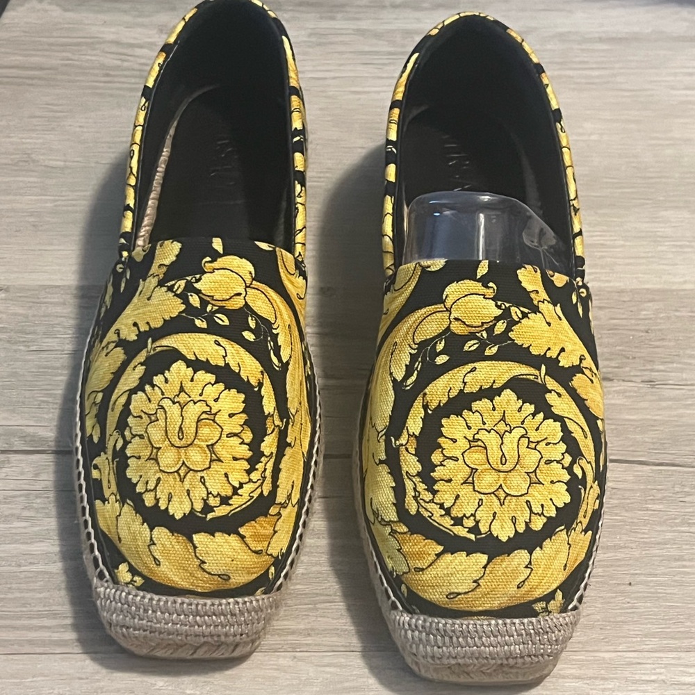 Versace Black and Gold Espadrilles with Baroque Pattern